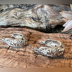 Filigree Earrings Sterling Silver U Shape Half Hoop Basket Wine Vine Grapes 1”